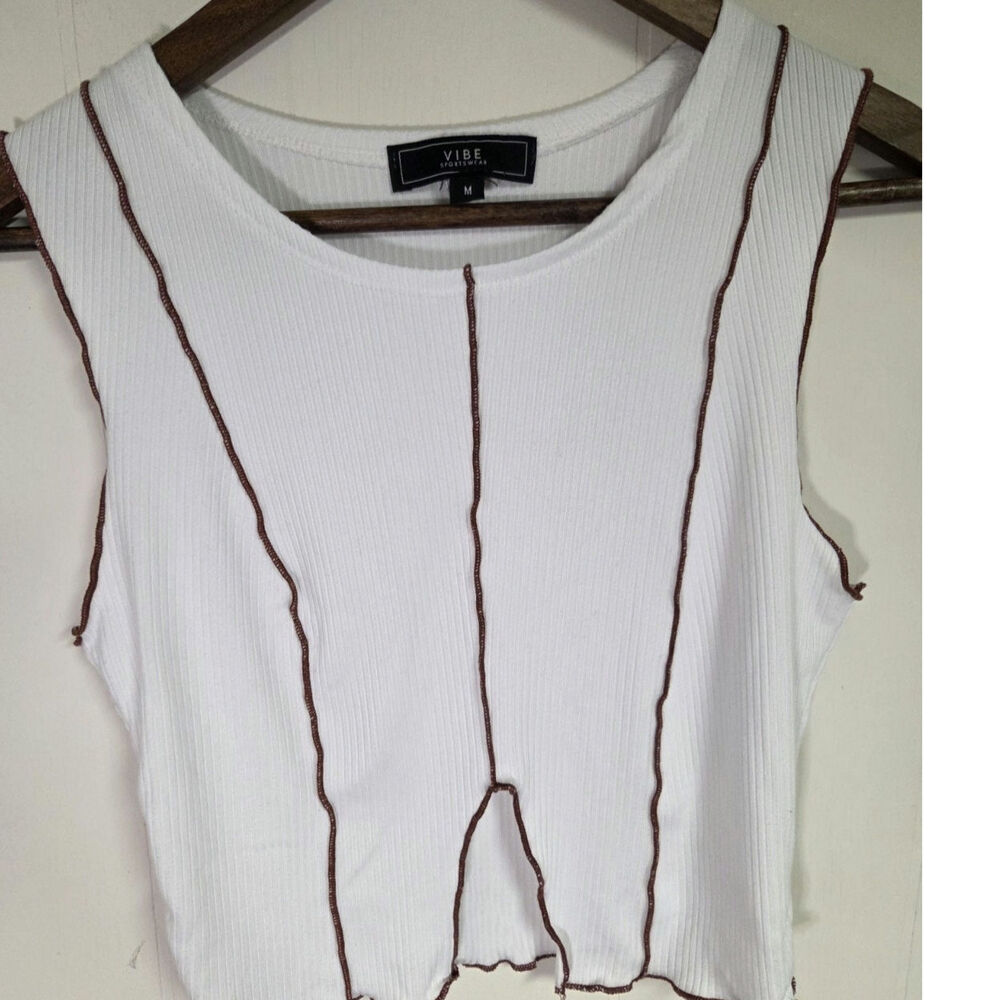 Vibe Sportswear White Tank Crop Top Distressed Size Medium